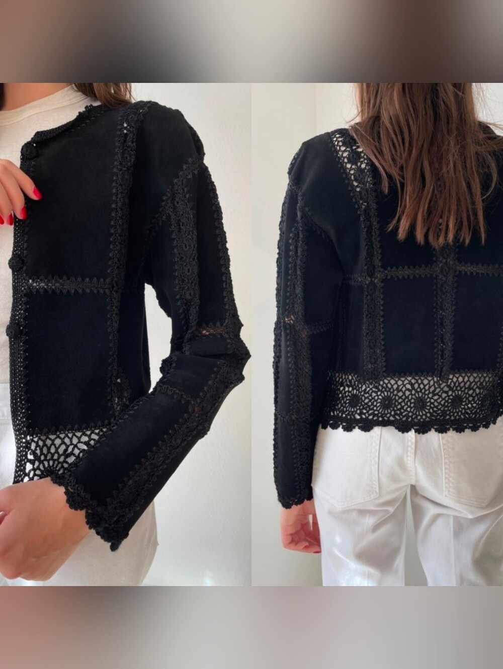 VTG 80s SMH Boutique Suede Leather Granny Crochet Trim Jacket Sz M PETITE Boho
